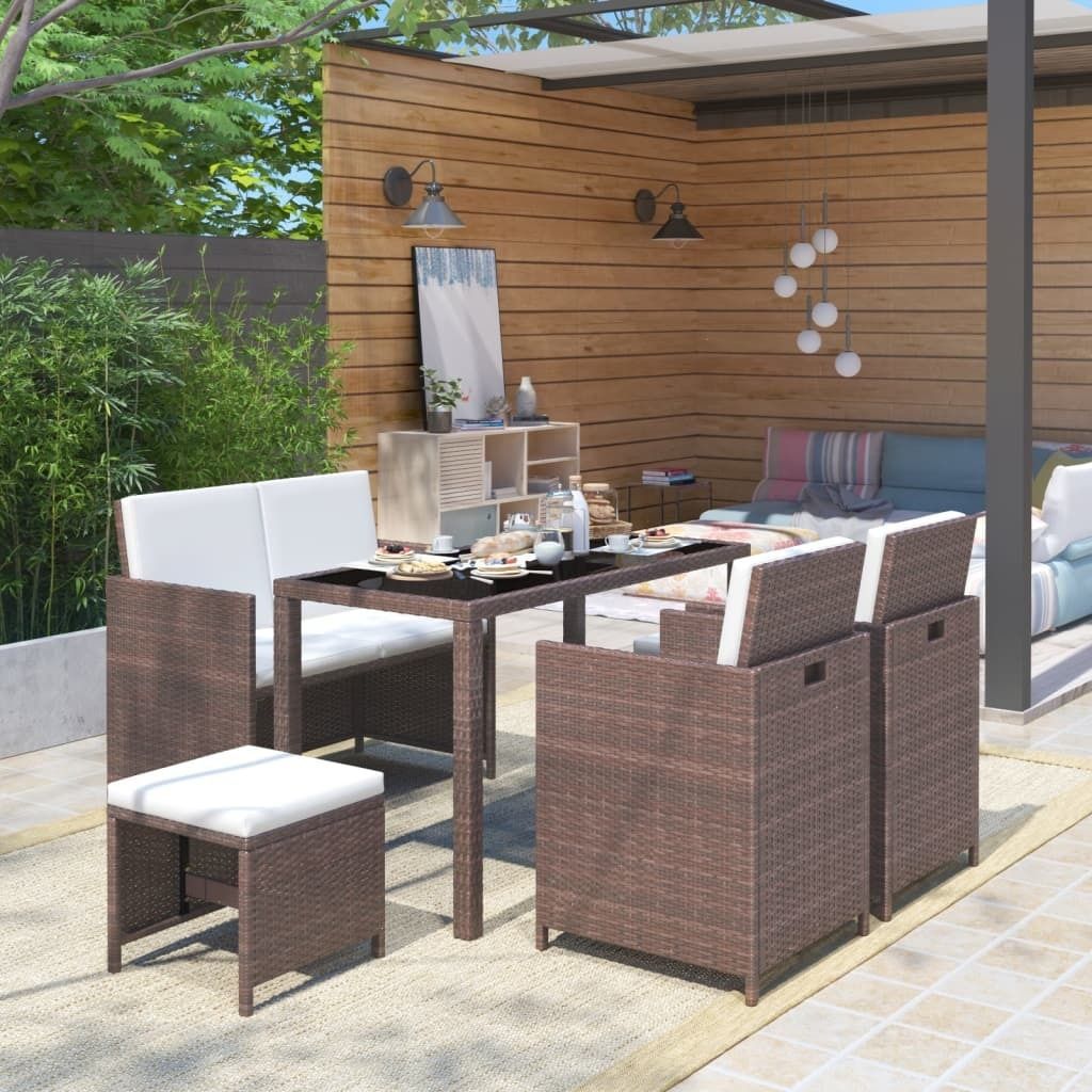 "Rabatt" 6-tlg. Garten-Essgruppe - mit tishe & Stuhl - mit Auflagen Poly Rattan Braun - Lounge-Dining set CC19900