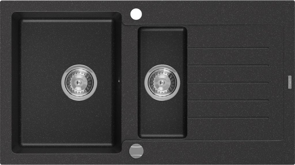 Mexen Matias 1,5-Becken-Granitspüle mit kurzer Abtropffläche 900 x 505 mm, Schwarz/Silbermetallic - 6502901505-73