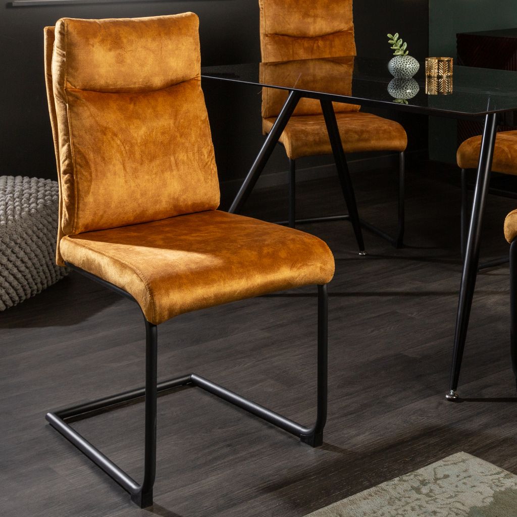 riess-ambiente Moderner Freischwinger Stuhl COMFORT senfgelb Samt mit Komfortgriff Esszimmerstuhl Essstuhl