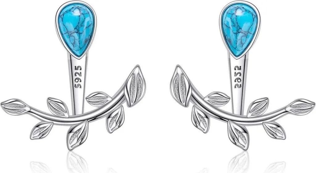 Boucles d'oreilles argent 925 turquoise anti-allergie motif feuille ciselée