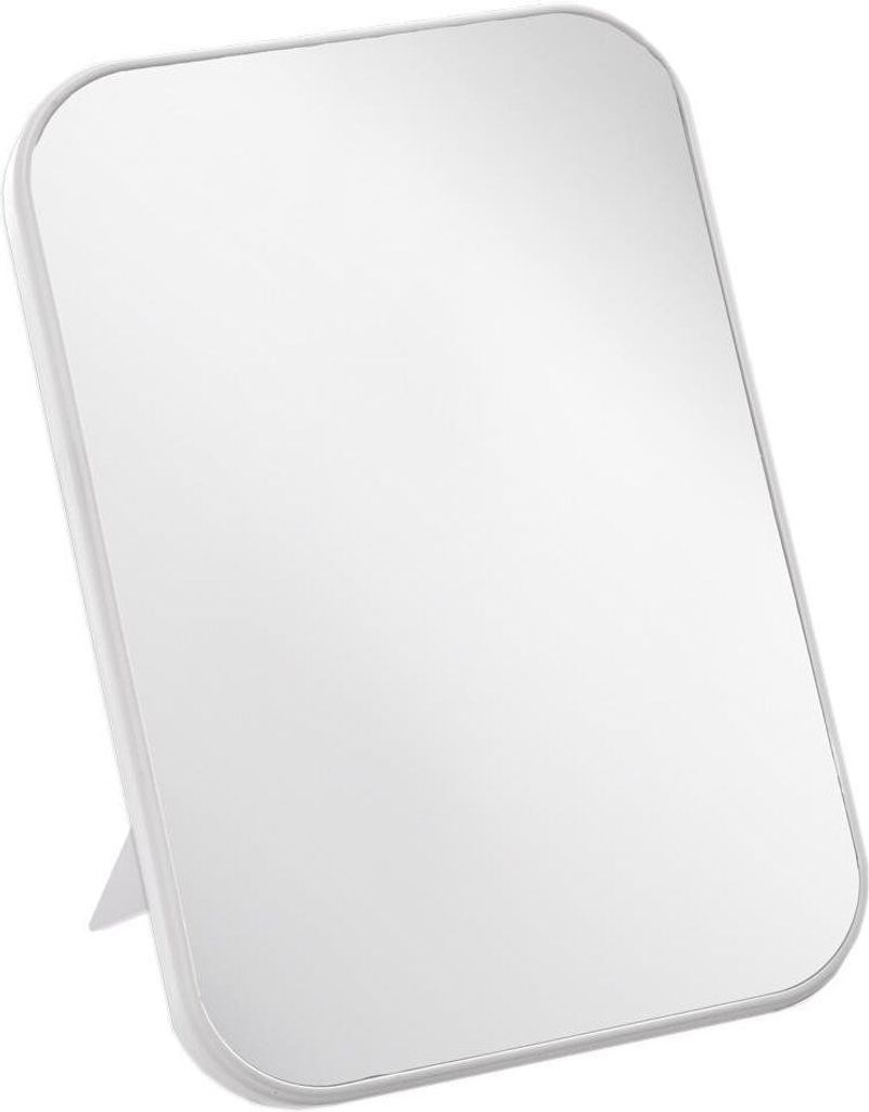 A white rectangular makeup mirror with a stand is shown against a white background.