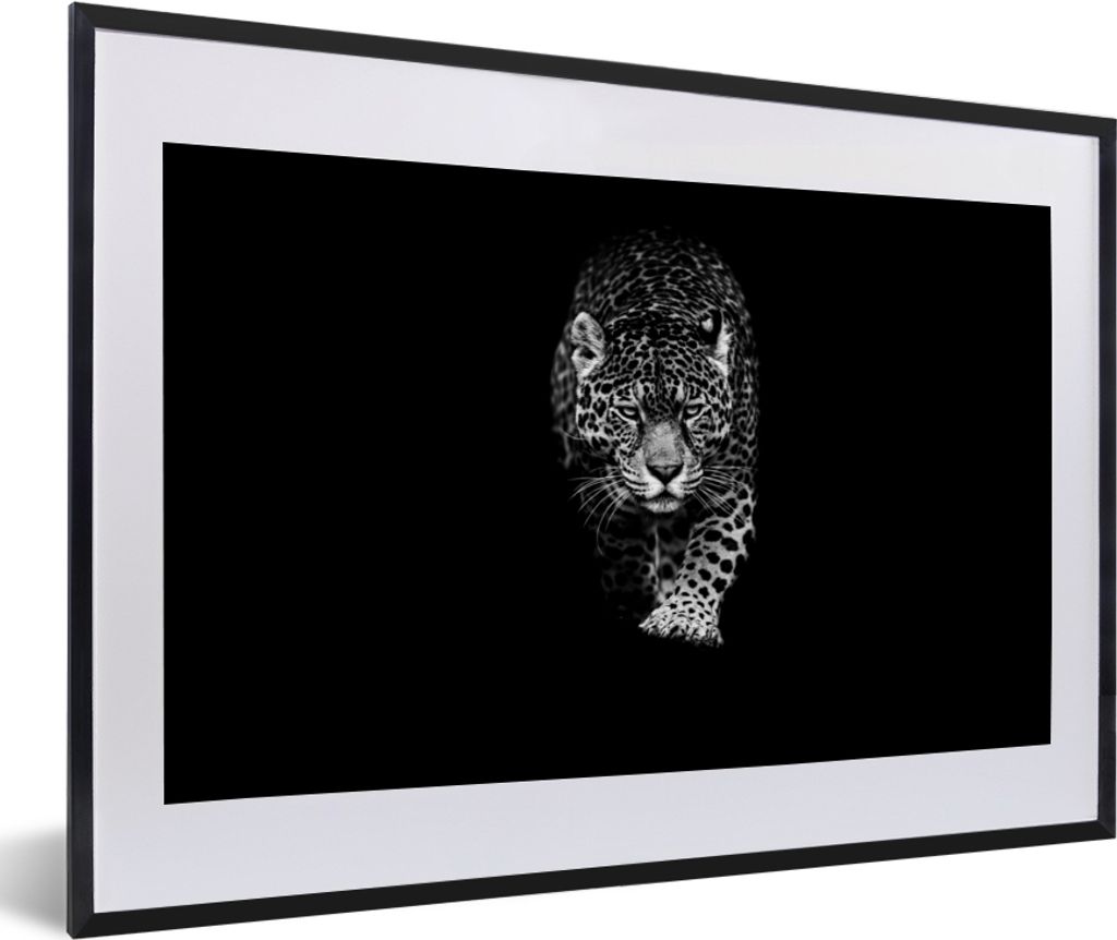 MuchoWow Gerahmtes Poster Tiere - Schwarz - Leopard - Weiß - Wild 60x40 cm - Poster mit Schwarzem Bilderrahmen Wandposter Rahmen Foto Bilder - S...