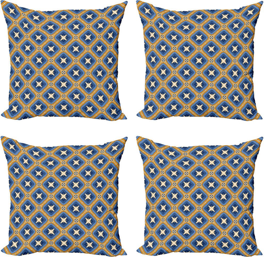 ABAKUHAUS Ethnisch Kissenbezug Set (4 Stück), Vintage Fliesen-Kunst, Moderner Doppelseitiger Digitaldruck, 50 cm x 50 cm, Blau Orange Beige