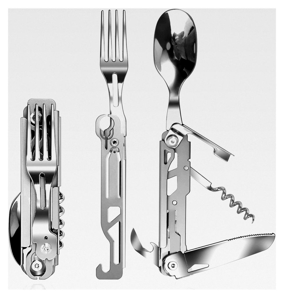 Edelstahl Besteck 5-in-1 Klappbesteck Campingbesteck als Messer, Gabel, Löffel Set für Outdoor, Tragbares Besteck mit Kordelzugbeutel