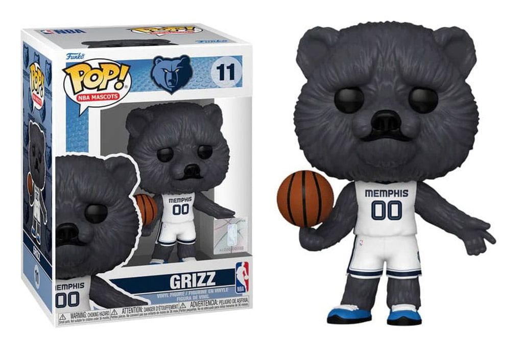 A Funko Pop! figure of the Memphis Grizzlies mascot, Grizz, is shown in its packaging and also displayed outside the box.