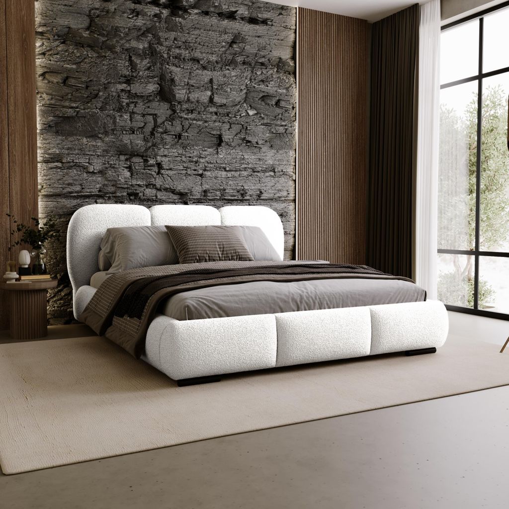 Chilly Modern Polsterbett Savona Weiß 160×200 – Bouclé Stoff, mit Stauraum & Lattenrost Holzrahmen