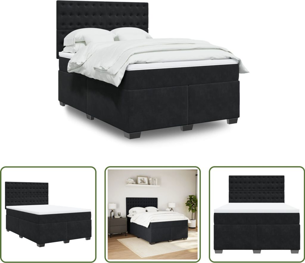The Living Store Boxspringbett mit Matratze Schwarz 140x190 cm Samt
