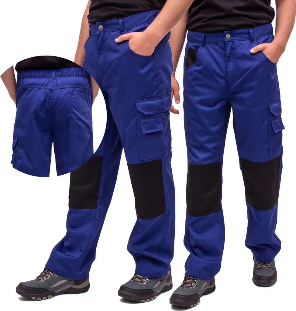 A product shot of work pants with a small inset showing the back of the pants.