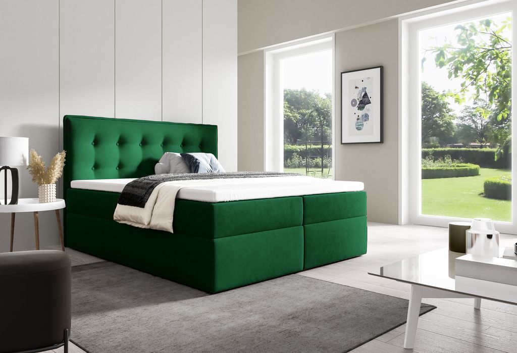 BETTSO Boxspringbett mit 2x Bettkasten Gepolstert Doppelbett mit Matratze und Topper Polsterbett für das Schlafzimmer FOCUS 160x200cm Grün