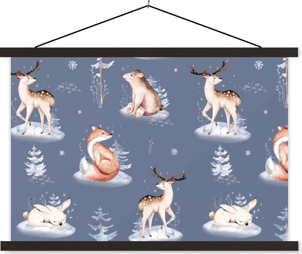 MuchoWow Textilposter Winter - Tiere - Muster 60x40 cm mit schwarzem Rahmen - Hölzernes