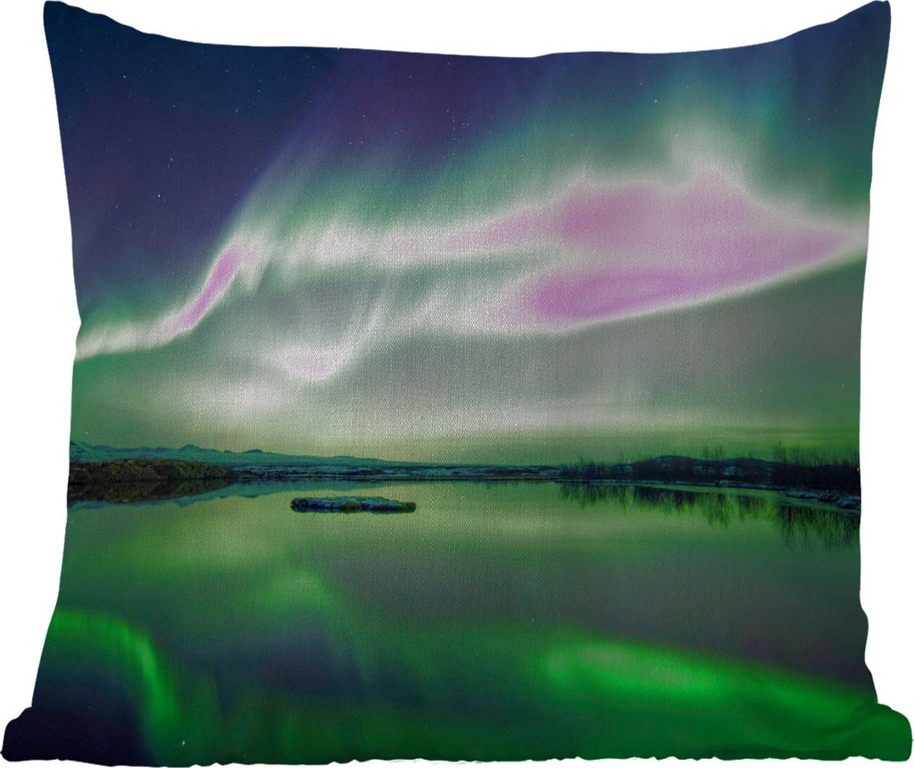 MuchoWow Outdoor Kissen - Nordlicht - See - Island - Grün - Wald - Schnee - 45x45 cm - Wetterfest - Lounge Kissen - Fotokissen - Dekoratives Kissen