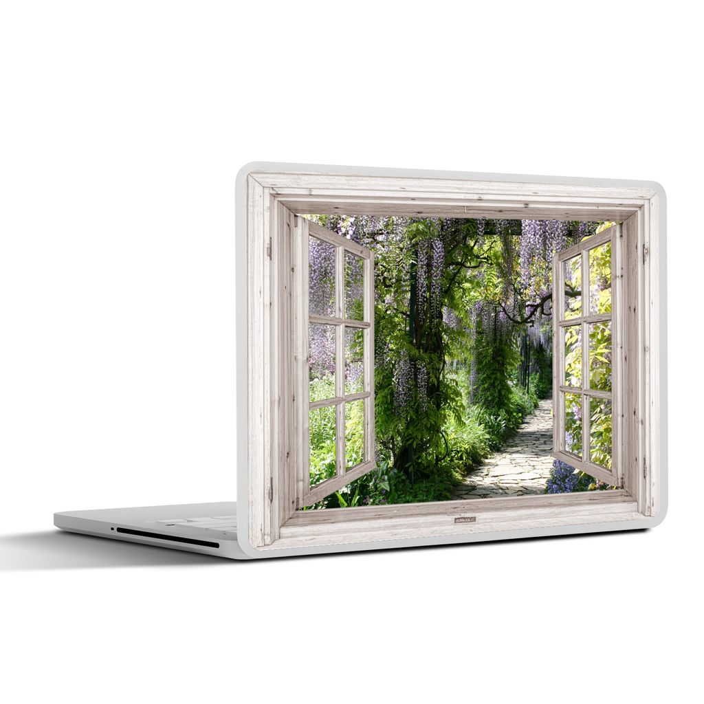 MuchoWow Laptop Aufkleber Sticker Cover Blauer Regen - Blumen - Aussicht - Baum - Frühling 25x18 cm - Laptop-Deko
