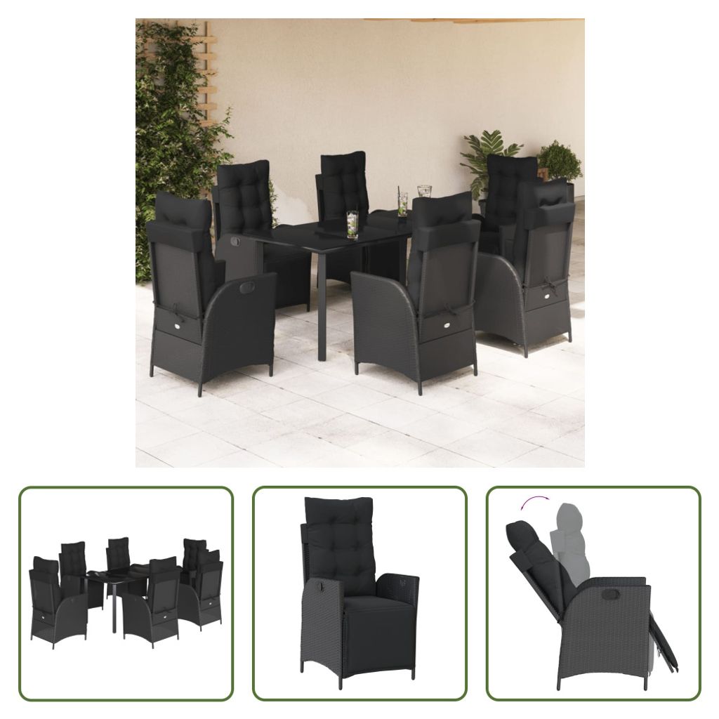 The Living Store 7-tlg. Garten-Essgruppe mit Kissen Schwarz Poly Rattan