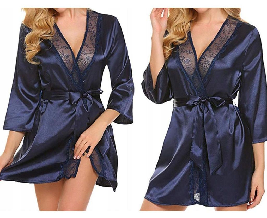 Damenunterwäsche - Satin-Set - Negligé - Bademantel mit Spitze - Morgenmantel - Blau