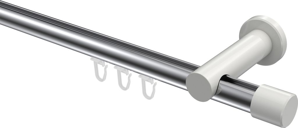 Interdeco Innenlaufstange / Gardinenstange mit Innenlauf Chrom / Weiß, Typ Platon Santo (Kappe), 20 mm Ø 1-läufig, 180 cm