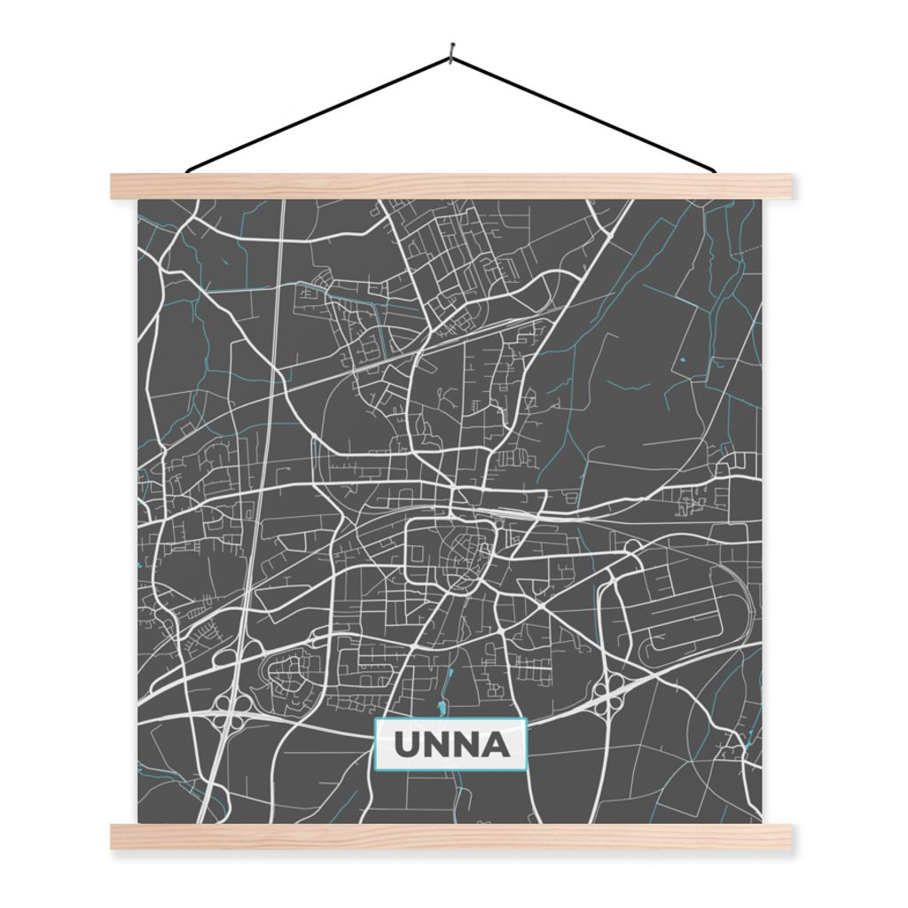 MuchoWow Textilposter Stadtplan - Deutschland - Blau - Unna - Karte 40x40 cm mit holzfarbenen Rahmen - Posterleiste