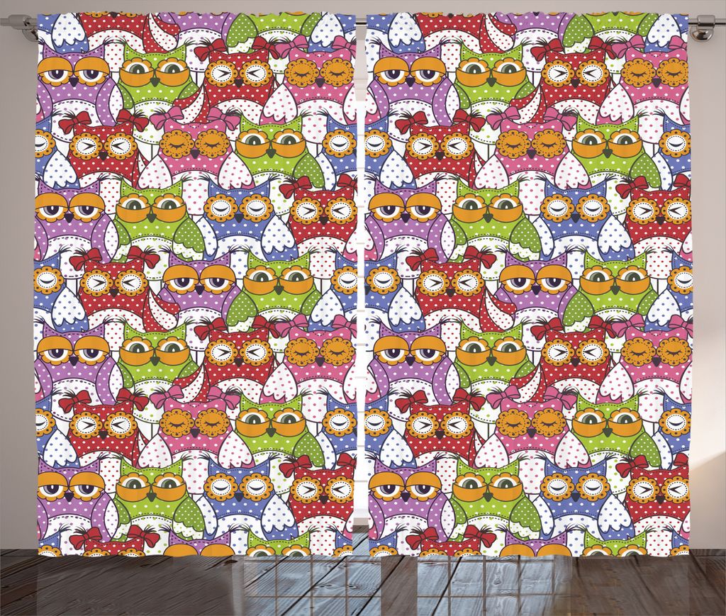 ABAKUHAUS Bunt Rustikaler Gardine, Ornate Owl Polka Dots, Schlafzimmer Kräuselband Vorhang mit Schlaufen und Haken, 280 x 225 cm, Multi