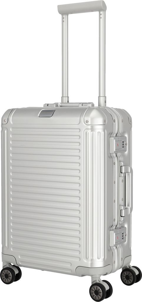 A silver aluminum trolley suitcase with a retractable handle and four wheels, shown against a white background.