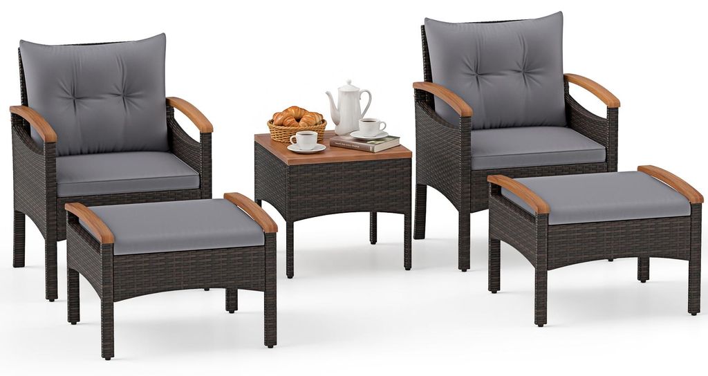 COSTWAY Polyrattan Gartenmöbel Set, 5 tlg. Balkonmöbel inkl. 2 Stühle mit Hocker, Tisch & Kissen, Tischplatte Armlehnen aus Akazie, Sitzgruppe Grau