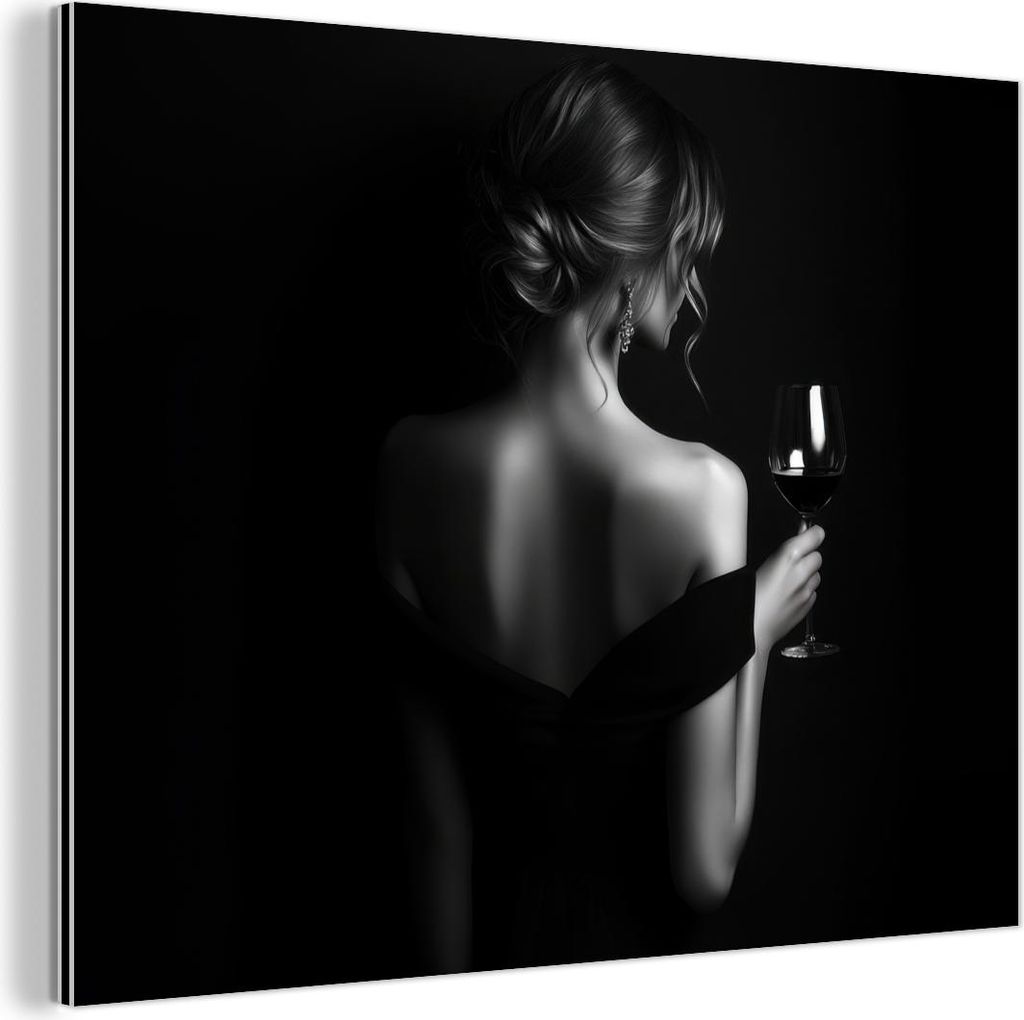 MuchoWow Wanddekoration Metall Metallbild Wandkunst 80x60 cm Frau - Wein - Kleid MuchoWow Aluminium Gemälde - Alubild