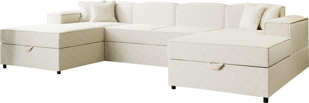 MIRJAN24 Wohnlandschaft Santos U Boucle, Ecksofa mit zwei Bettkästen und Schlaffunktion, U-Form, Polsterlehnen fest montiert (Farbe: Coral 15)