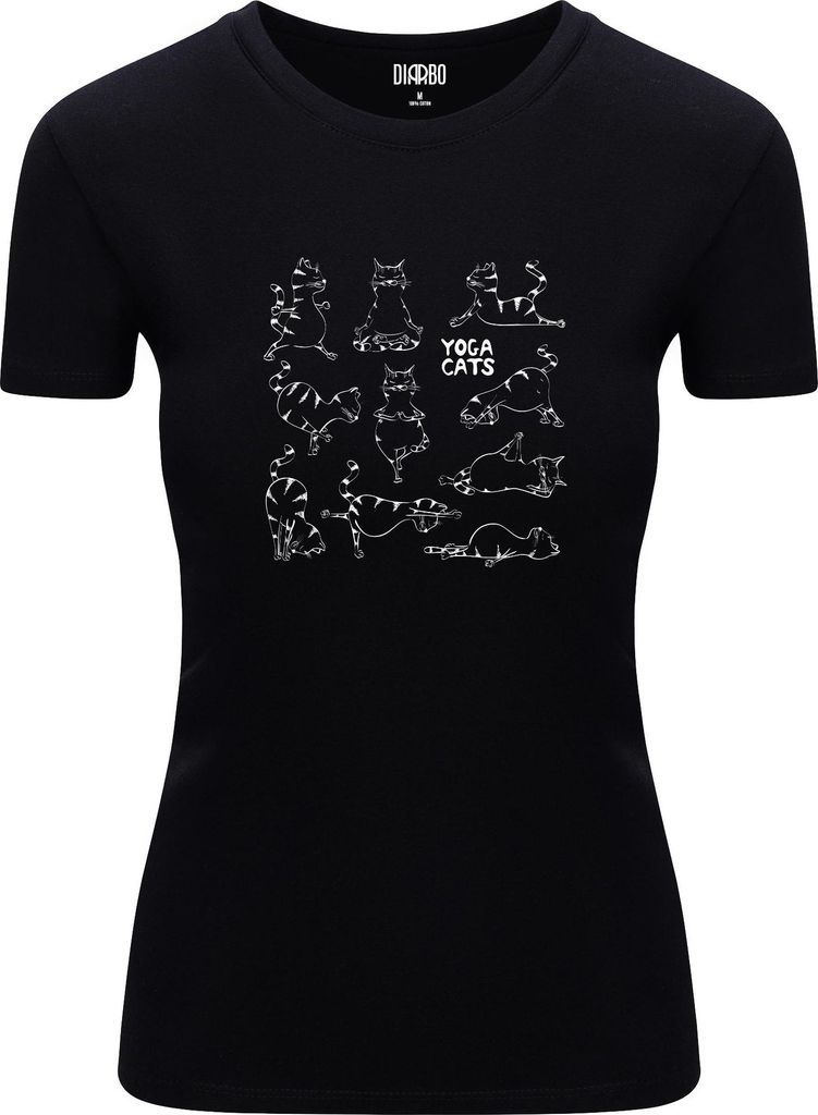 Diarbo Damen T-Shirt mit Lustigem Sport Druck Yoga-Katzen Schwarz Gr.S