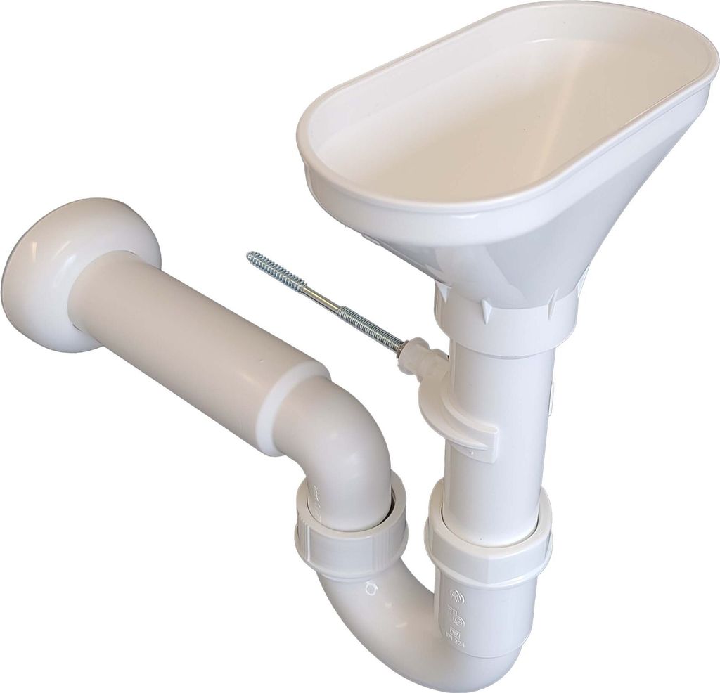 A white plastic plumbing trap with a funnel-shaped inlet, designed to prevent odors from escaping.