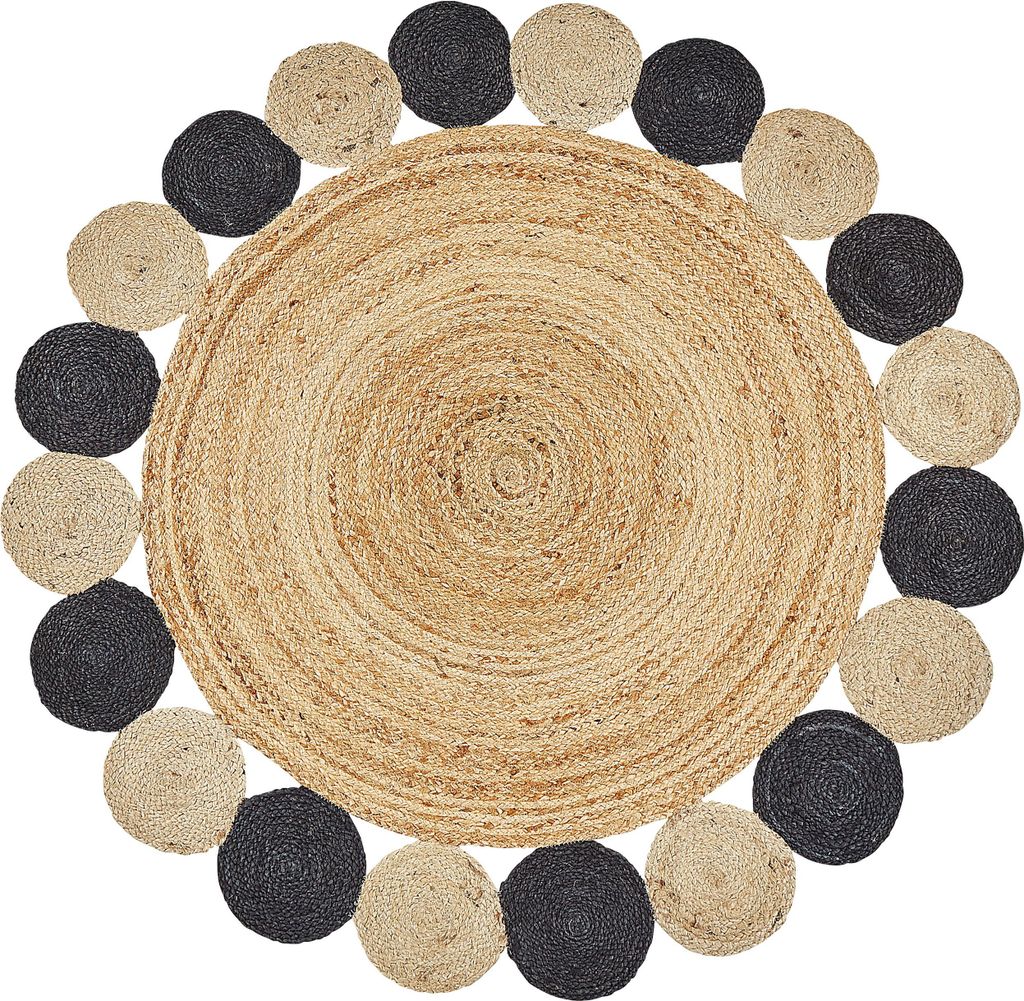 BELIANI Teppich Natürlich und Schwarz Jute Rund ø 140 cm mit Kreisen Zweiseitig Boho Rustikal Modern Kurzflor Kurzhaar Läufer Schlafzimmer Wohnz...
