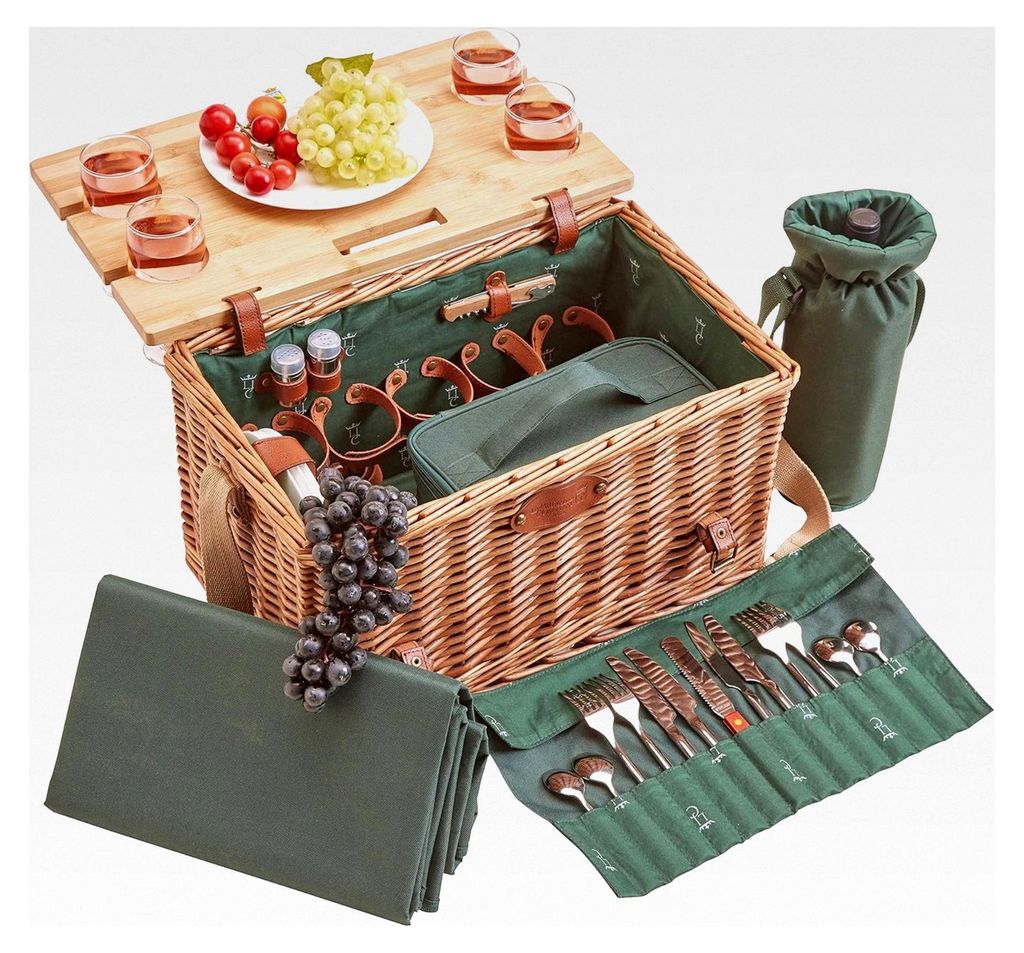 Picknickkorb Saint Honoré Grün aus Weide - Lederriemen - Komplett für 4 Personen - Isoliertasche und Tisch herausnehmbar - Porzellanteller und W...