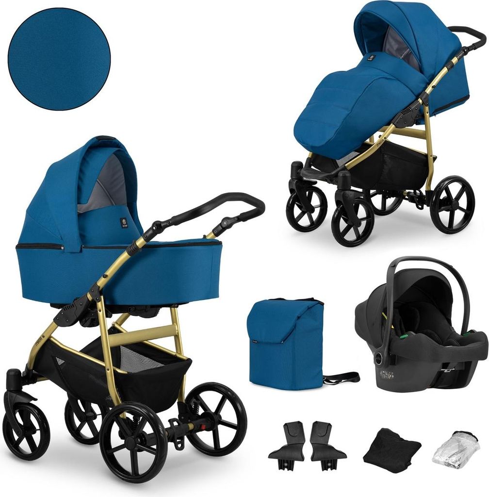 Kunert MATA 3in1 Kinderwagen in Blau/Marine mit Goldrahmen – sicherer und komfortabler Kinderwagen