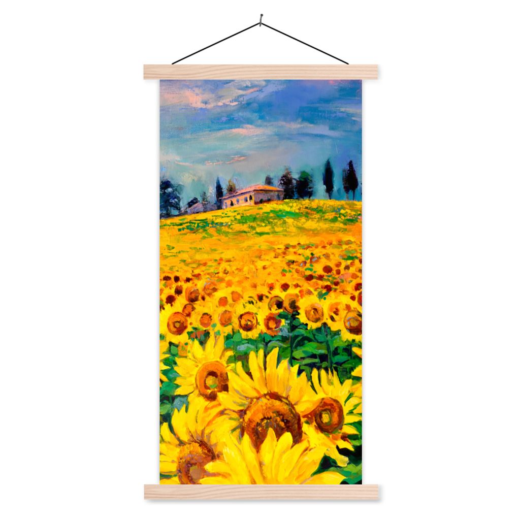 MuchoWow Textilposter Ölfarbe - Gemälde - Blumen - Sonnenblume 40x80 cm mit holzfarbenen Rahmen - Wohnzimmer