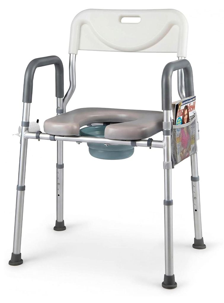3-in-1 Toilettenstuhl für Senioren, 5-fach höhenverstellbar, Nachtstuhl mit abnehmbarem Eimer, gepolsterter Sitzfläche, Armlehnen und Rückenleh...