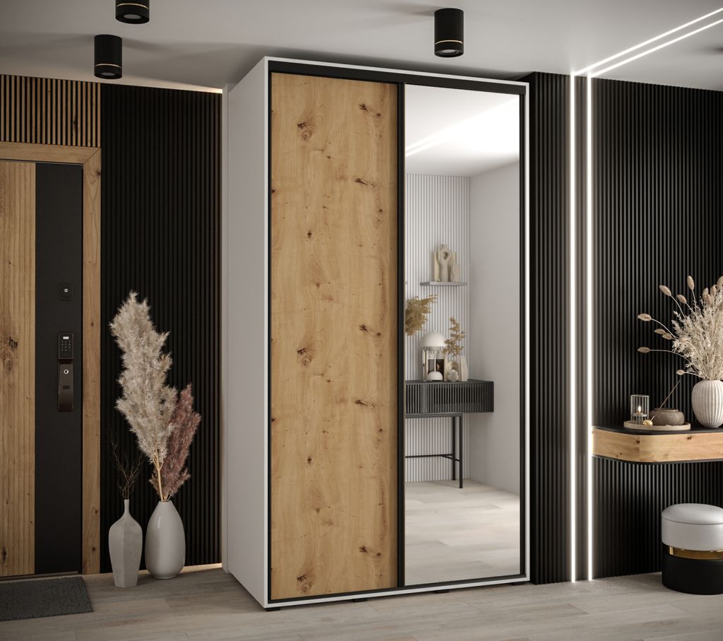 Kleiderschrank YVONA 3 – 130/60 cm, weiß/Eiche handwerklich/schwarz
