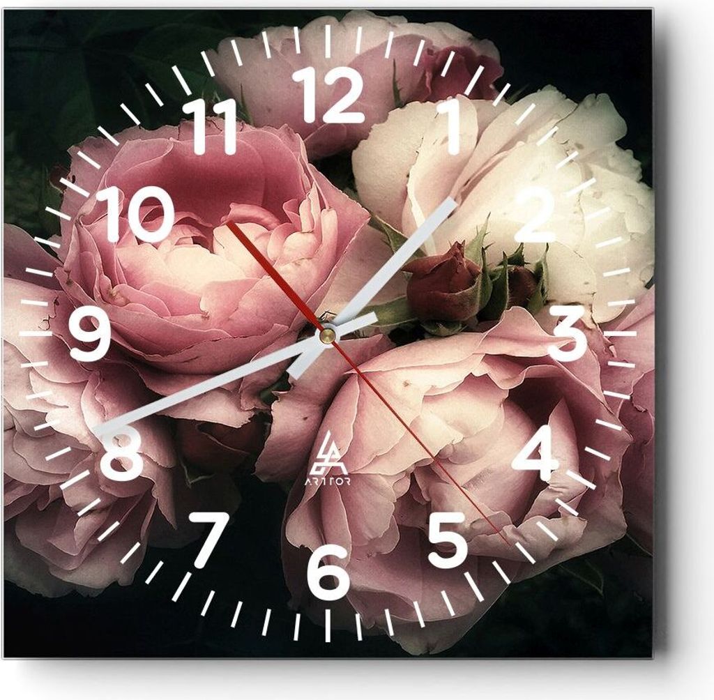 Wanduhr - Quadrat - Glasuhr - Pfingstrose Blume - 30x30cm - Schleichendes Uhrwerk - Lautlos - zum Aufhängen bereit - Dekoration Modern - Wanddekor...