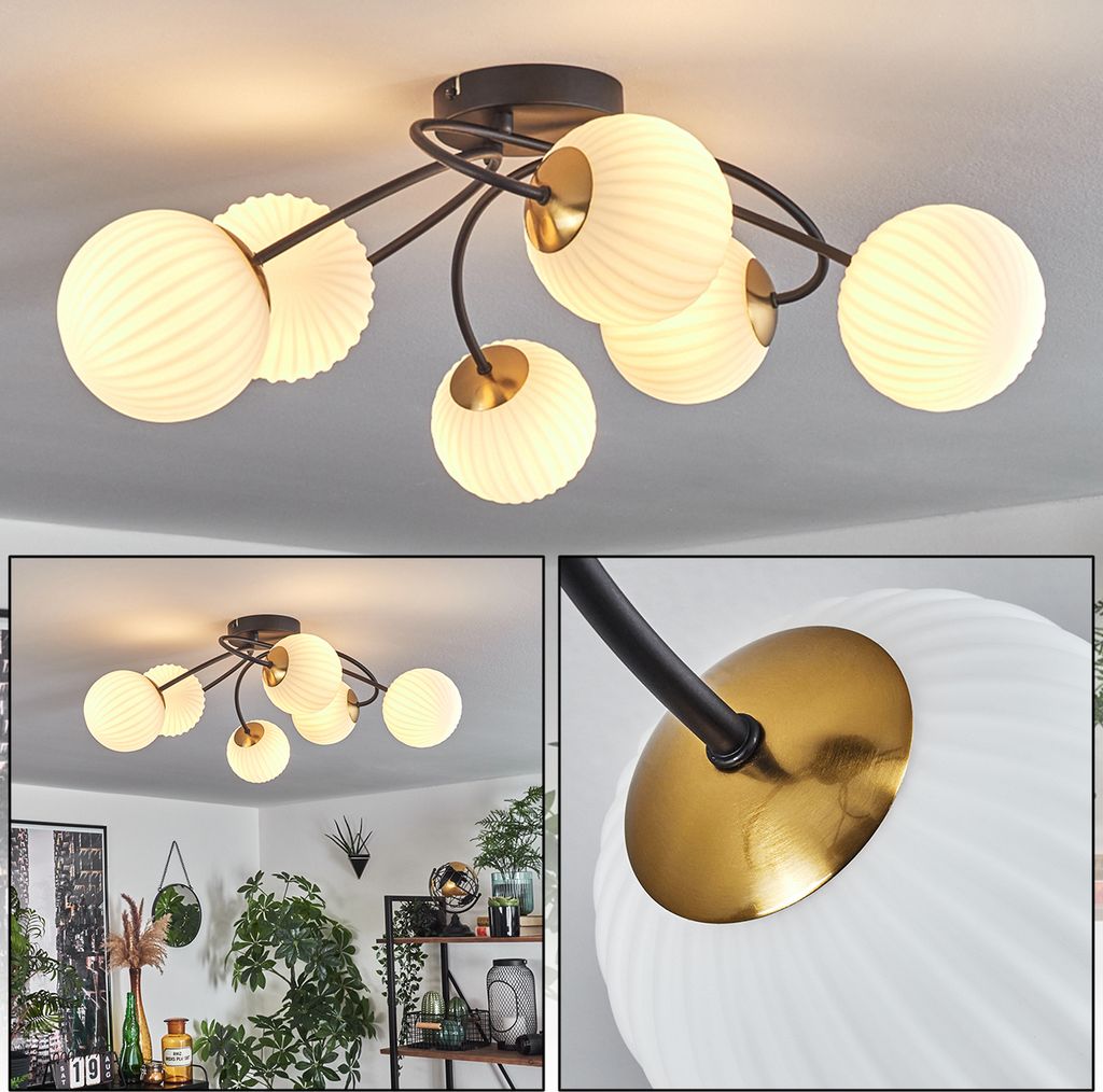 Isorella Deckenlampe aus Metall/Glas in Schwarz/Goldfarben/Milchglas