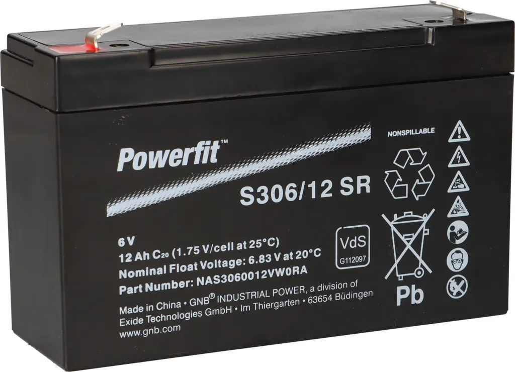 Batterie Exide Powerfit AGM 6V 12Ah S306/12 SR Plomb Étanche Rechargeable