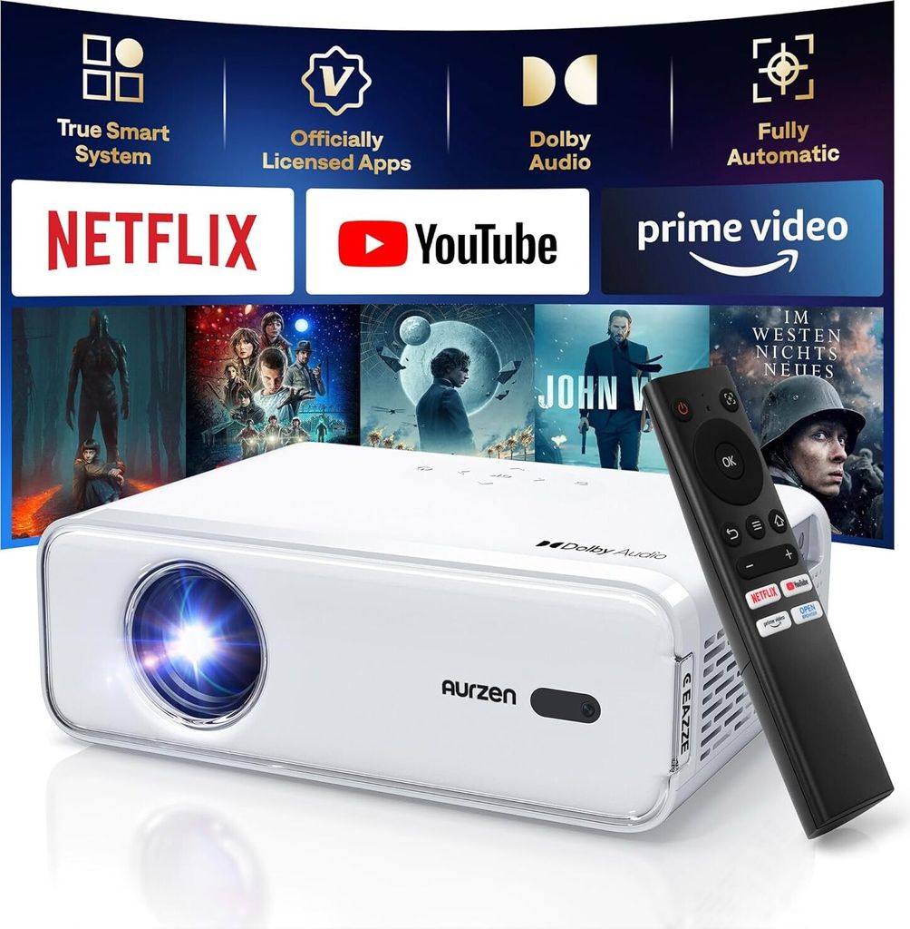 Smart Beamer Heimkino Projektor: Beamer 4K Unterstützt Full HD 1080P Beamer mit NetfIix Officially & DoIby Audio, Autofokus & Trapezkorrektur