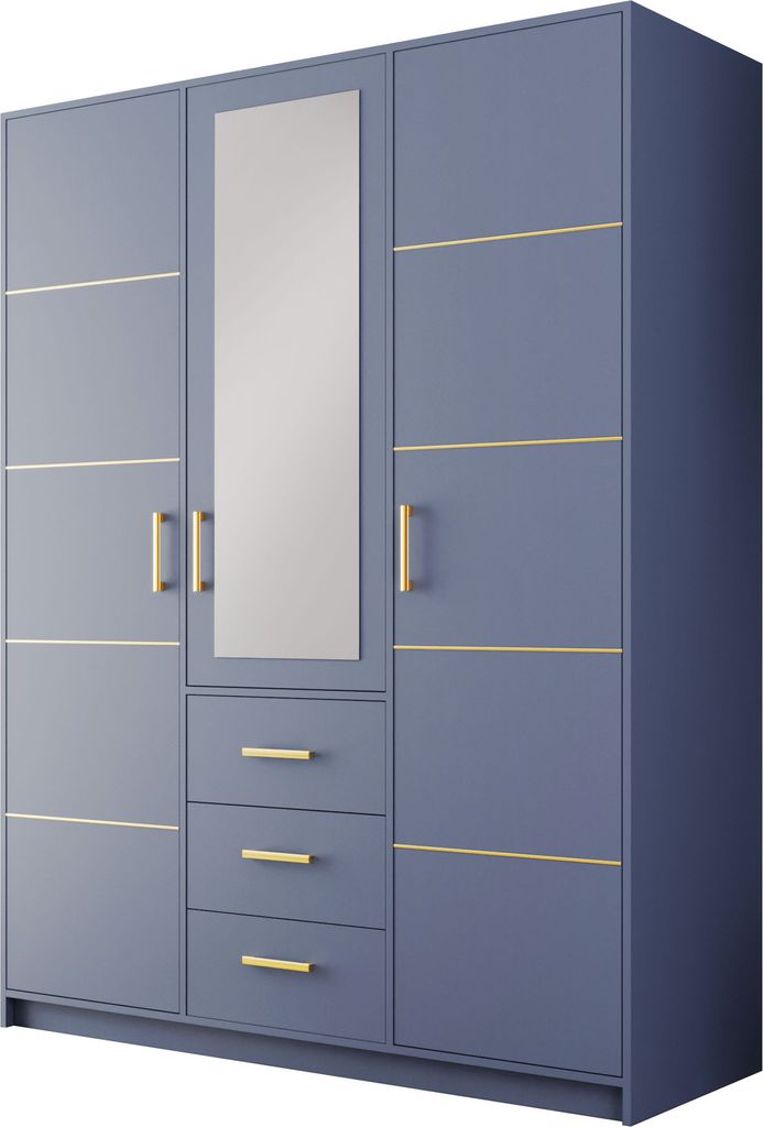 Albello Dreitüriger Kleiderschrank mit Spiegel Schlafzimmerschrank Kleiderschrank für das Schlafzimmer Kleiderschrank für ein Kind Blau 147x57,5...