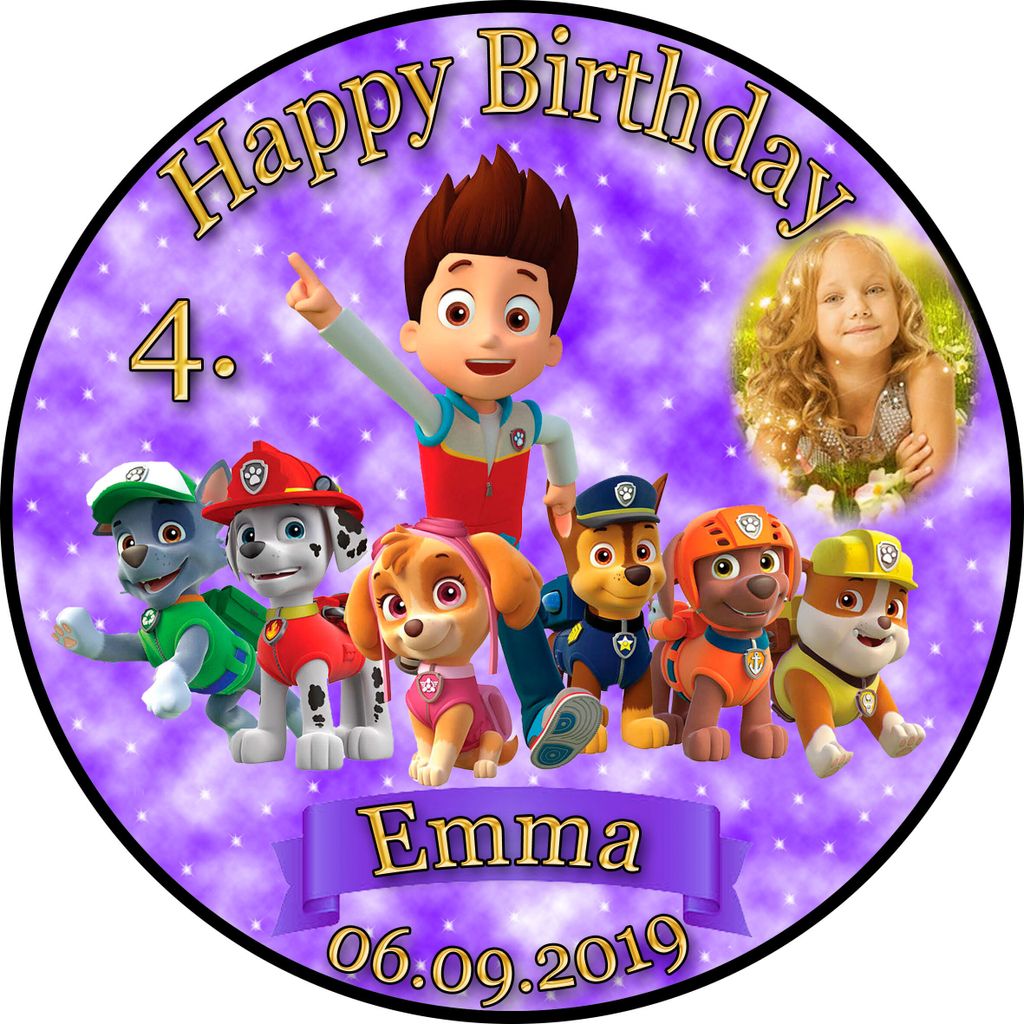 Tortenaufleger Fototorte Tortenbild Kindergeburtstag Paw Patrol PP02 (Zuckerpapier) Rund 20 cm Ø mit Banner & Foto Violett