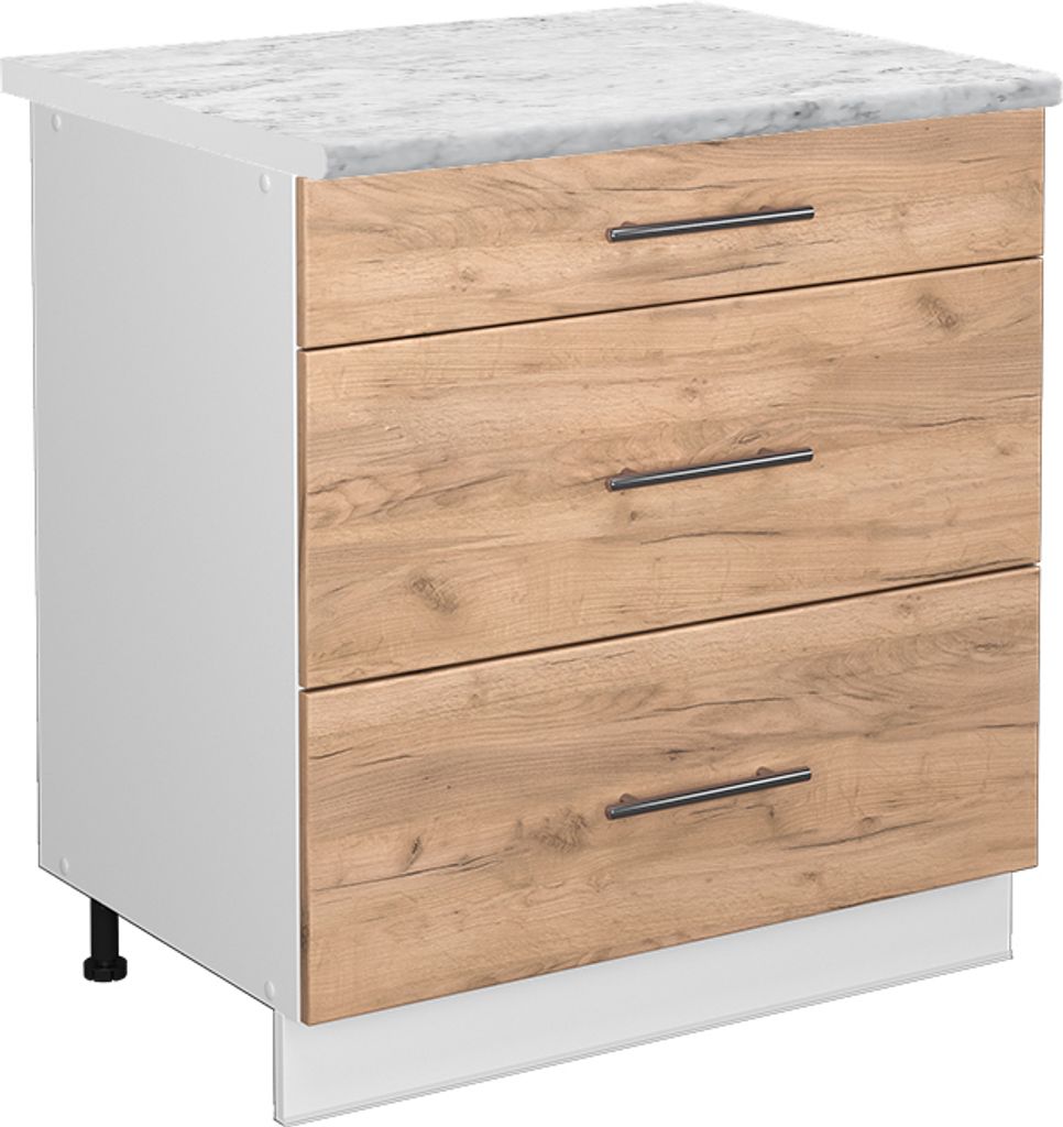 Küchenunterschrank Vicco Fame-Line Goldkraft Eiche 80 cm mit 3 Schubladen, AP Marmor, Model 46878