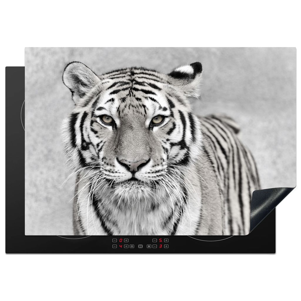 KitchenYeah Herdabdeckplatte Tiger - Natur - Schwarz - Weiß , 75x52cm, Küche Deko, Glaskeramikkochfeld Herdabdeckung, Abdeckplatte fùr Kochfeld
