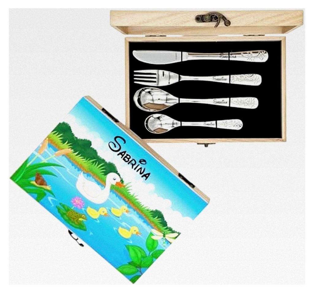 Personalisierte Holzbox mit Kinderbesteck und Gravur – 5-teilig – mit Namen – verschiedene Motive (Baustelle, Prinzessin, Fußball u.v.m.) ...