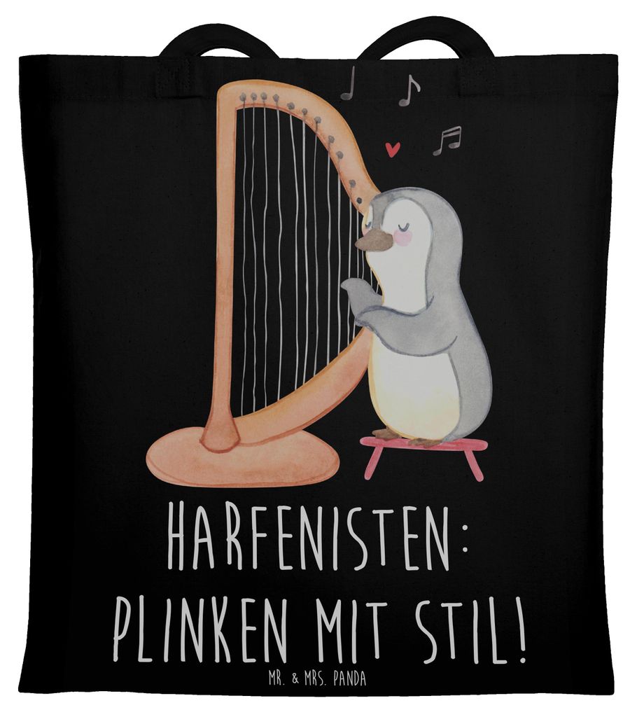 Mr. & Mrs. Panda Jutebeutel Harfe mit Stil - Schwarz - Geschenk, Tote Bag, Instrument, Musik, Lernen, himmlisch, klassische, Tragetasche, Beutel, S...