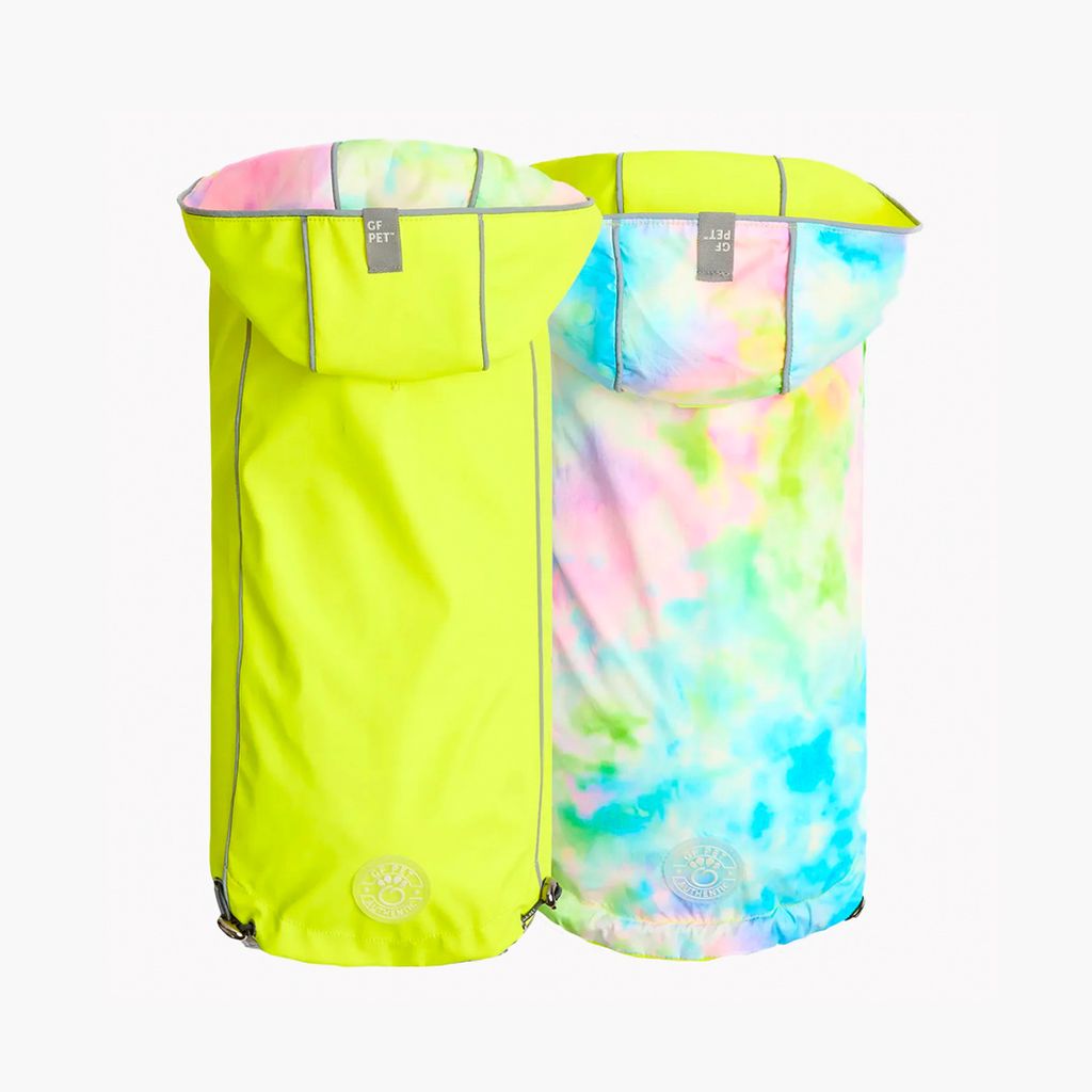 GF Pet Reversible Raincoat - Regenjacke- Wasserdichte Hundebekleidung- Größe XL Hundemantel Rückenlänge 53cm- Neongelb mit Krawattenfärbung
