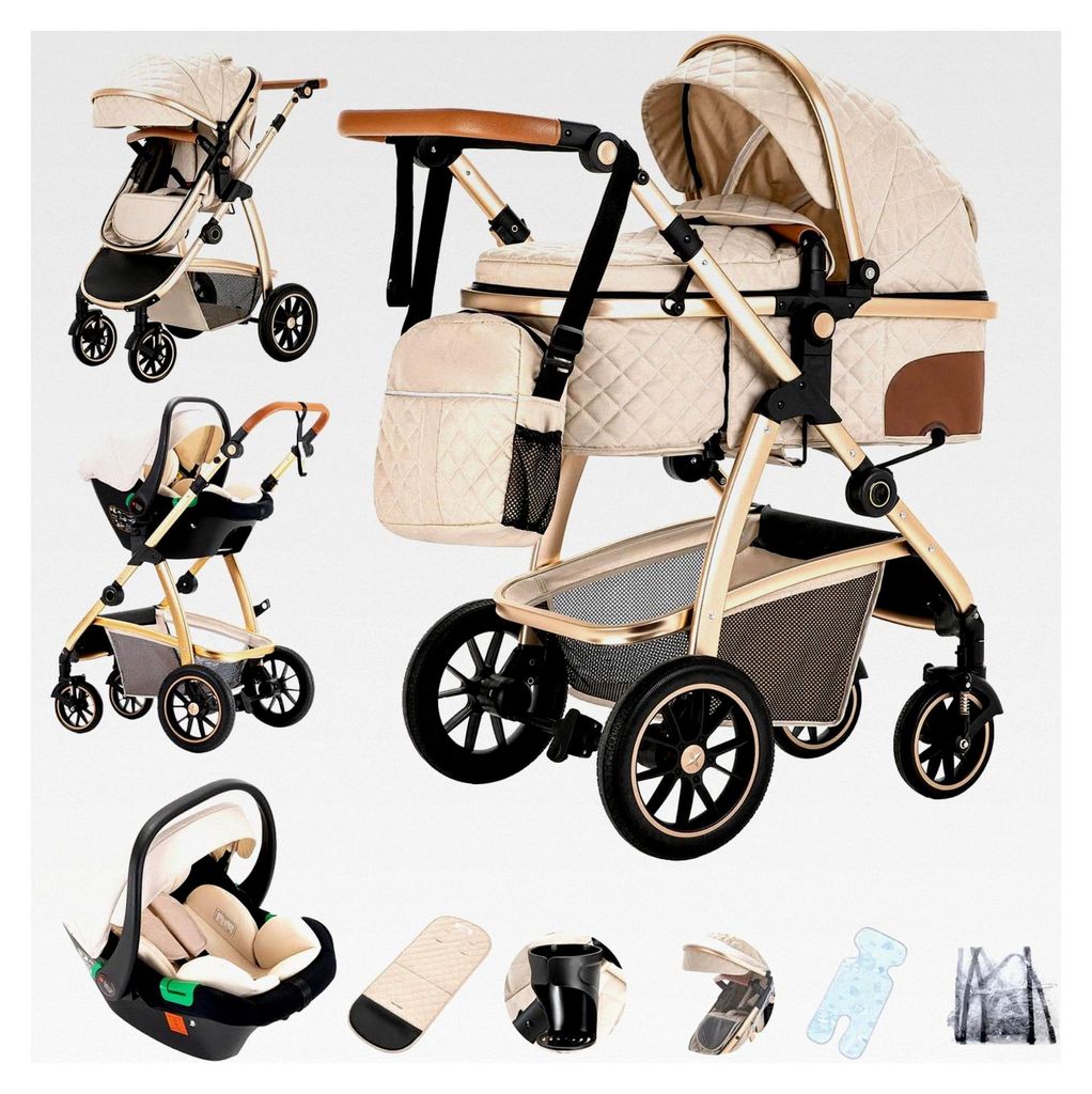 3-in-1 Kinderwagen, Buggy mit Babyschale, Höhenverstellbares Komplettset für Neugeborene 0-4 Jahre