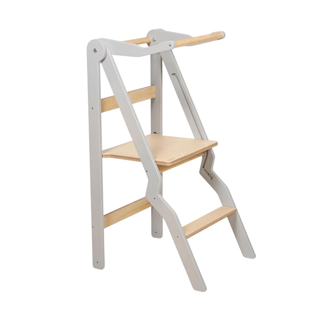 leg&go Klappbarer Lernturm aus Holz ZigZag mit extra Sicherheitsgeländer, Pastellgrau