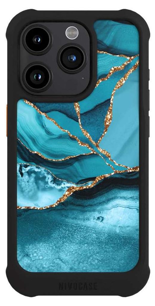 NIVOCASE Hülle für Apple iPhone 15 Pro Stoßfeste Handyhülle NIVOmax Case Schwarz Edelstein Glitzer Look Marmor