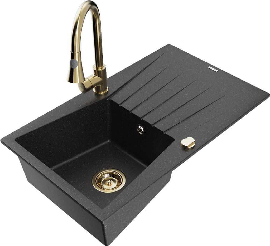 Mexen Cesar 1 Becken-Granitspüle mit Abtropffläche und Mischbatterie Elia, Schwarz/Silbermetallic - 6514-73-670101-50