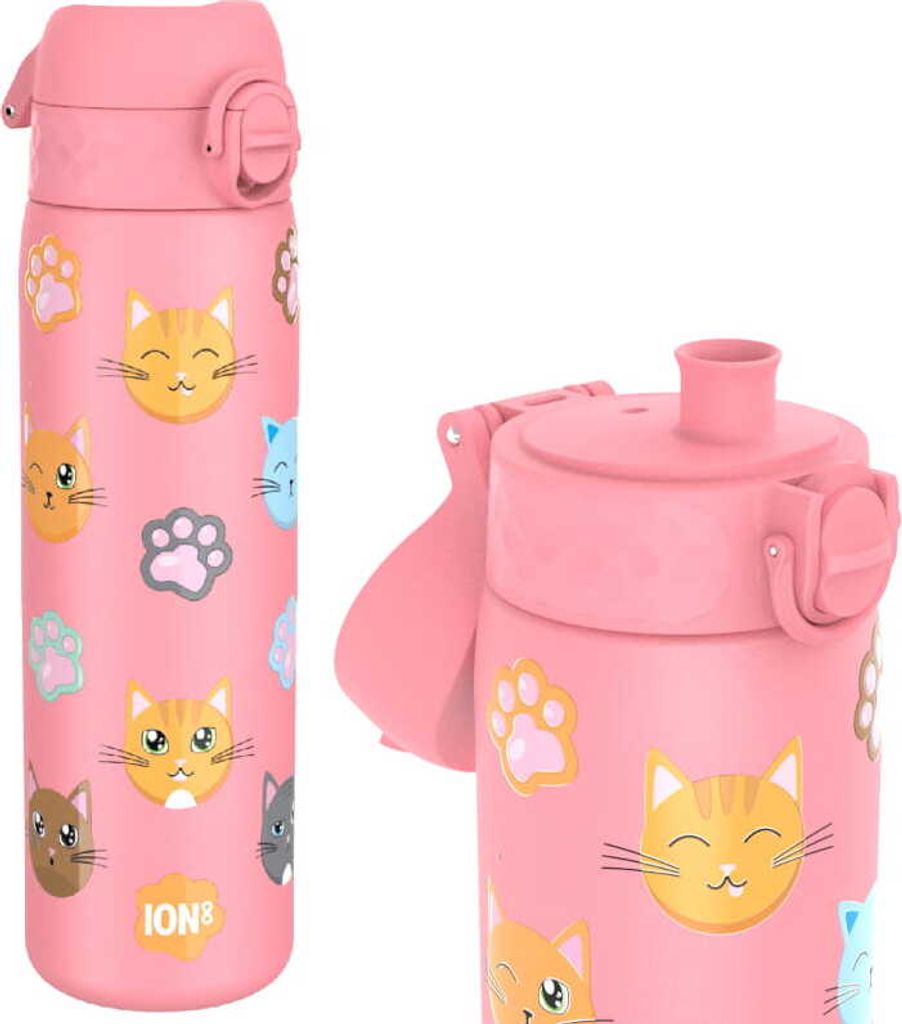 ION8 | Trinkflasche Edelstahl i8ss600prcats - 600 ml - Rosa - Katzenmotiv - Leicht und sicher