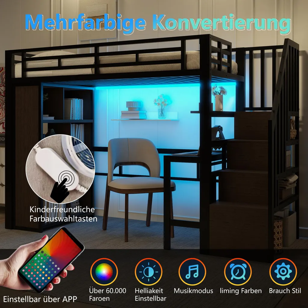 Lit Mezzanine avec LED et Bureau Noir 90x200 cm - Structure Métal Robuste - 5